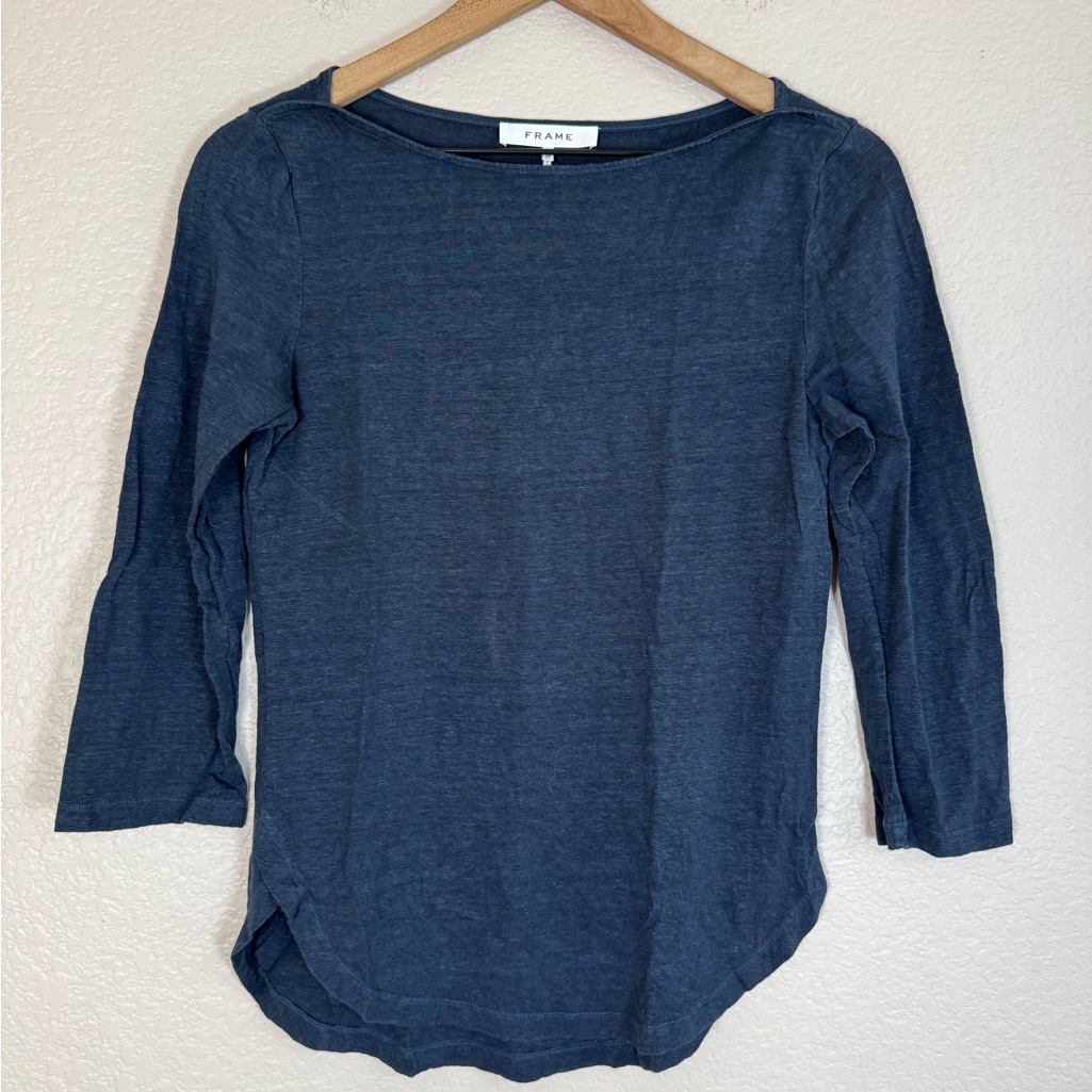 Frame Denim The Weekender Organic Linen Boatneck L/S Top Navy Blue Xs $194